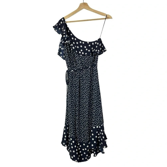 A New Day Navy Blue & White Polka Dot Ruffle One Shoulder Midi Dress XS - Picture 4 of 6